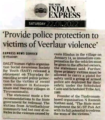 Tiruvannamalai District Veeralur Atrocity case news SASY intervention, Published in Indian Express -